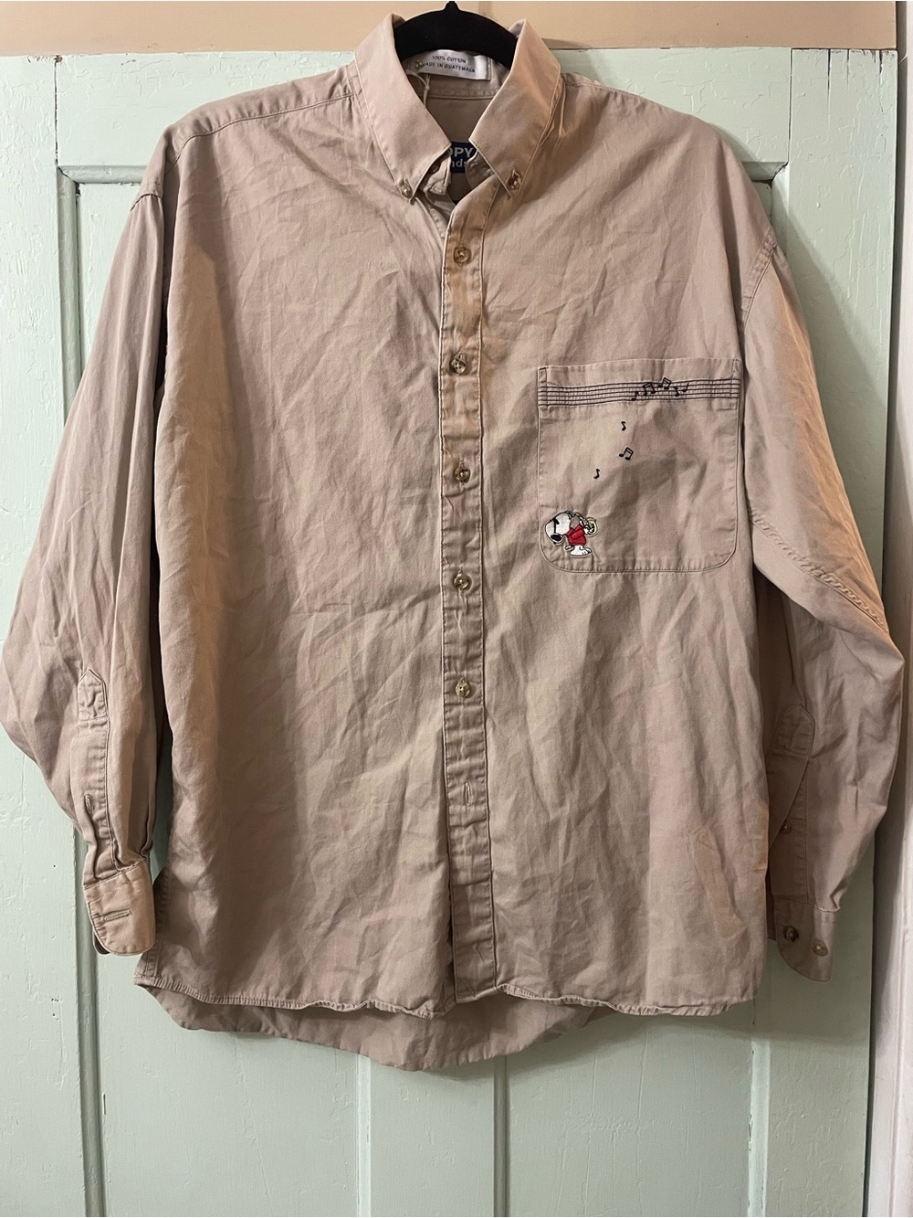 Vintage Snoopy Beige Button-Down Shirt with Pocket Embroidery